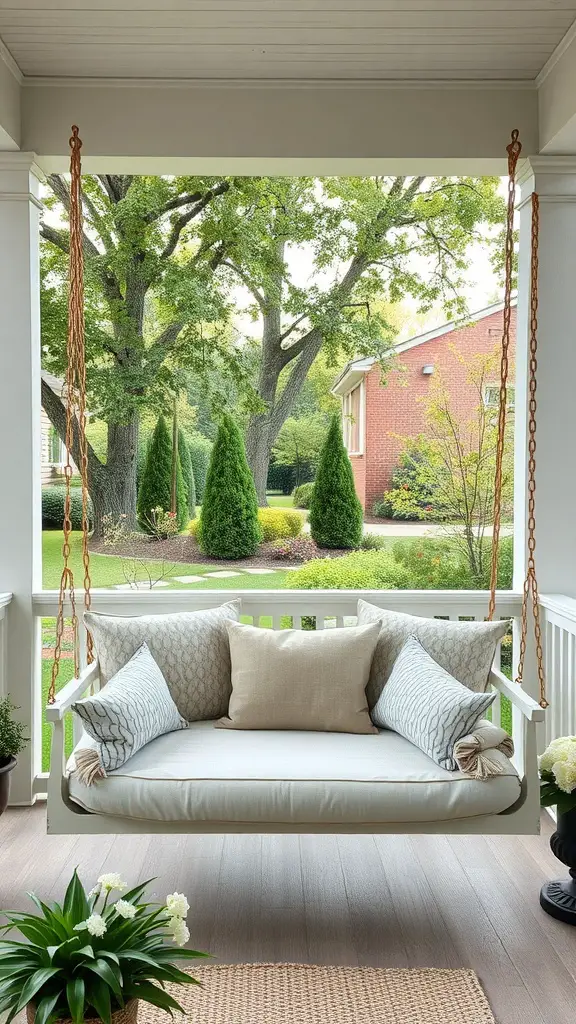 27 Cozy Front Porch Ideas for a Welcoming Home 10 A cozy swing bed on a front porch with decorative cushions, surrounded by greenery