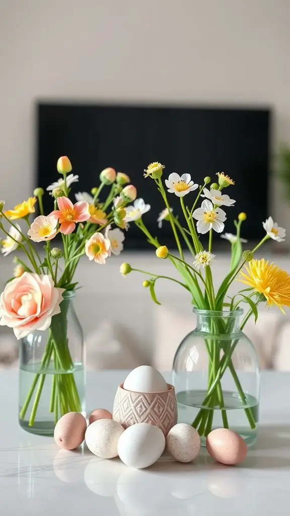 A chic tabletop display featuring colorful flowers in vases and decorative Easter eggs on a table.