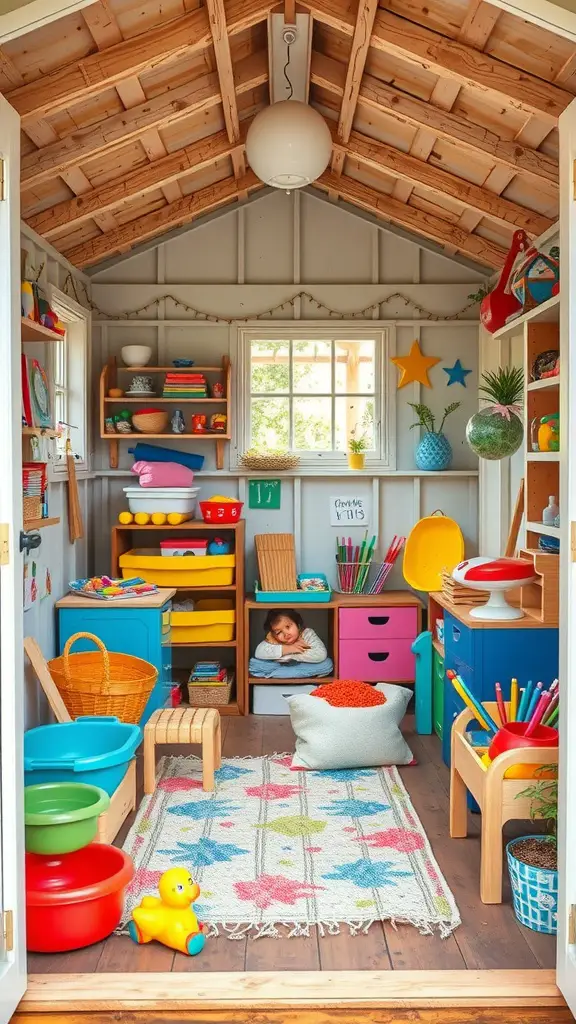 27 Stunning Garden Shed Interiors to Inspire Your Outdoor Space 18 Interior of a colorful children's play area in a garden shed with toys and art supplies