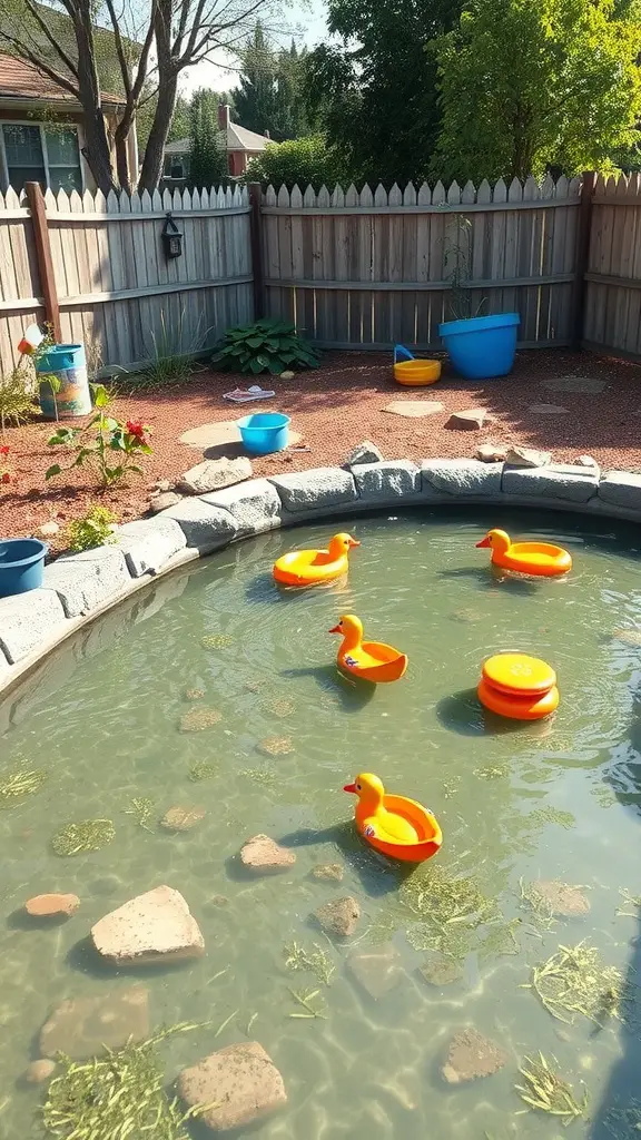 A children's play pond with rubber ducks floating in it, surrounded by a fenced area with colorful buckets.