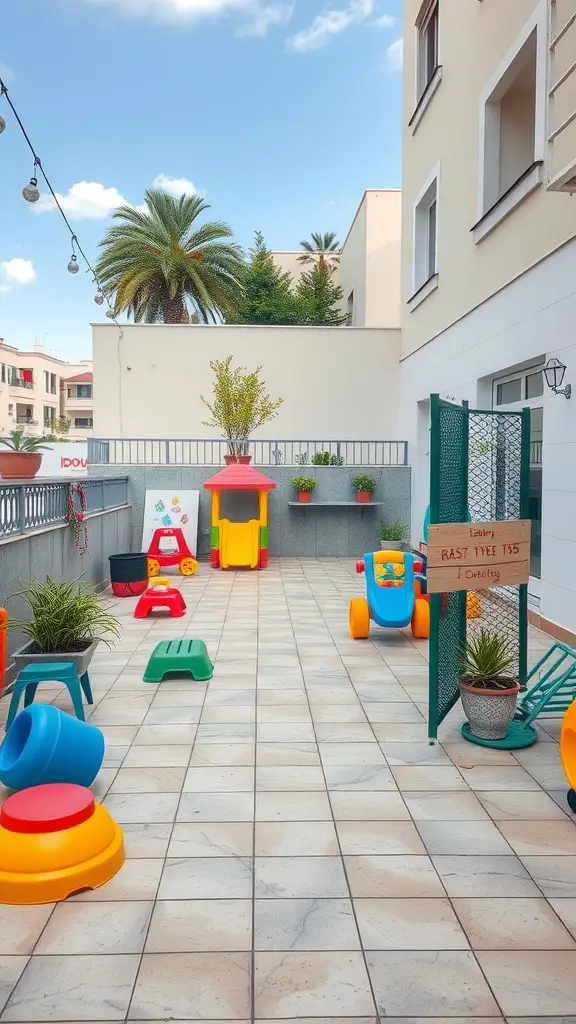 25 Stunning Outdoor Terrace Ideas to Transform Your Space 17 Children’s play zone on an outdoor terrace featuring colorful toys, greenery, and a cozy atmosphere.