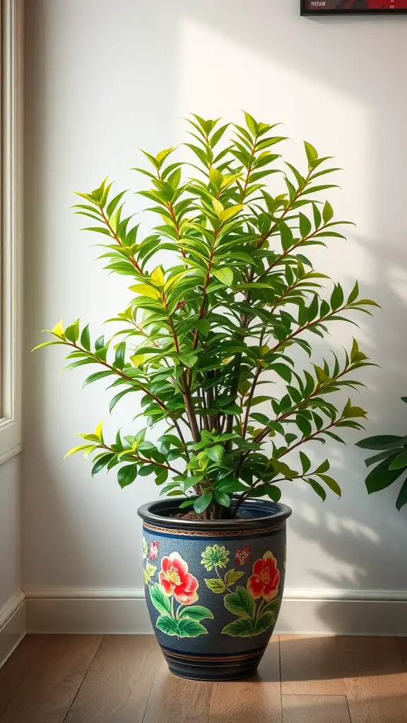 15 Indoor Corner Plants That Make Any Room Look Stylish! 11 A Chinese Evergreen plant with vibrant green and yellow leaves in a decorative pot, placed in a well-lit corner.