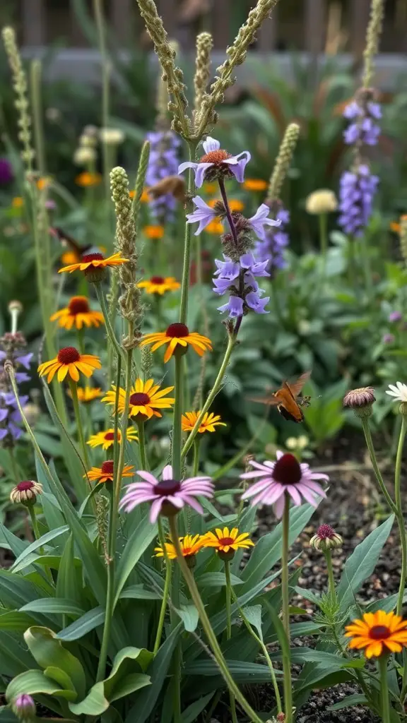 A colorful garden filled with native flowers, including purple and orange blooms, attracting butterflies.