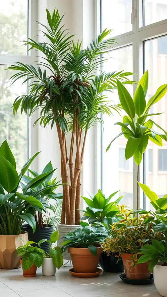 27 Stunning Indoor Plants to Brighten Your Space 7 A collection of various indoor plants arranged near large windows, showcasing their vibrant green leaves and different pot designs.