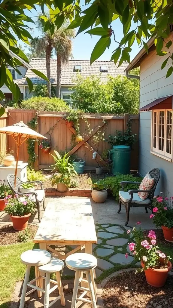 23 Stunning Cottage Garden Design Ideas for a Charming Outdoor Space 8 A charming cottage garden with a wooden table, colorful flower pots, and a cozy seating area surrounded by greenery.