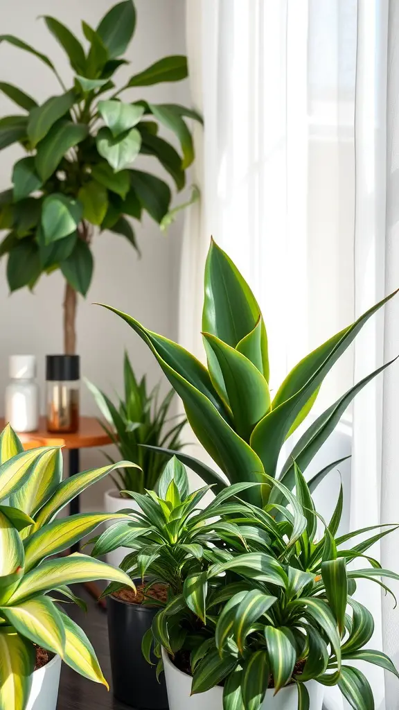 A variety of green plants in a bright bedroom setting, featuring a tall leafy plant and several smaller potted plants.