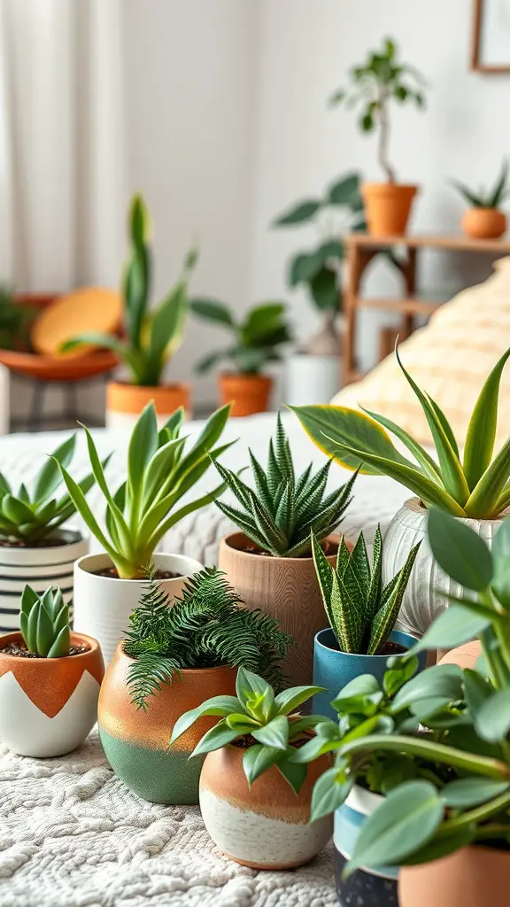 A collection of various potted plants in stylish pots on a bed, creating a cozy bedroom atmosphere.