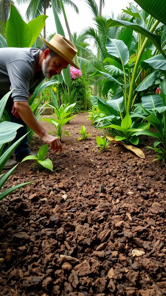 31 Stunning Tropical Garden Design Ideas for Your Backyard 11 A gardener tending to soil in a tropical garden surrounded by lush green plants.