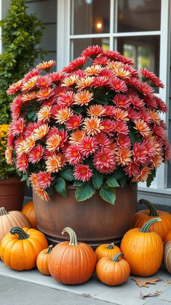 25 Beautiful Flowers Perfect for Container Gardening 15 A large pot of vibrant orange and pink chrysanthemums surrounded by pumpkins, showcasing a festive autumn display.