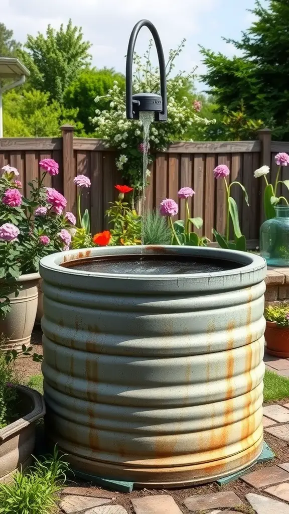 A rustic cistern in a garden, complete with flowers and a faucet for water access.