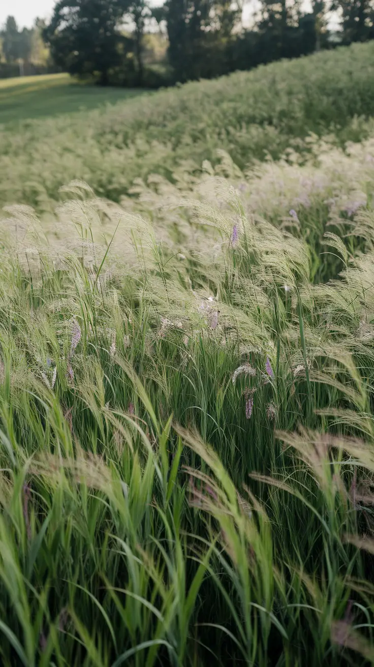 15 Effective Plants That Naturally Repel Mosquitoes 8 A field of tall, green grass with wispy textures and hints of purple flowers, representing citronella grass.