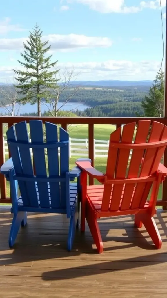 Two Adirondack chairs, one blue and one red, on a porch with a scenic view of hills and a lake