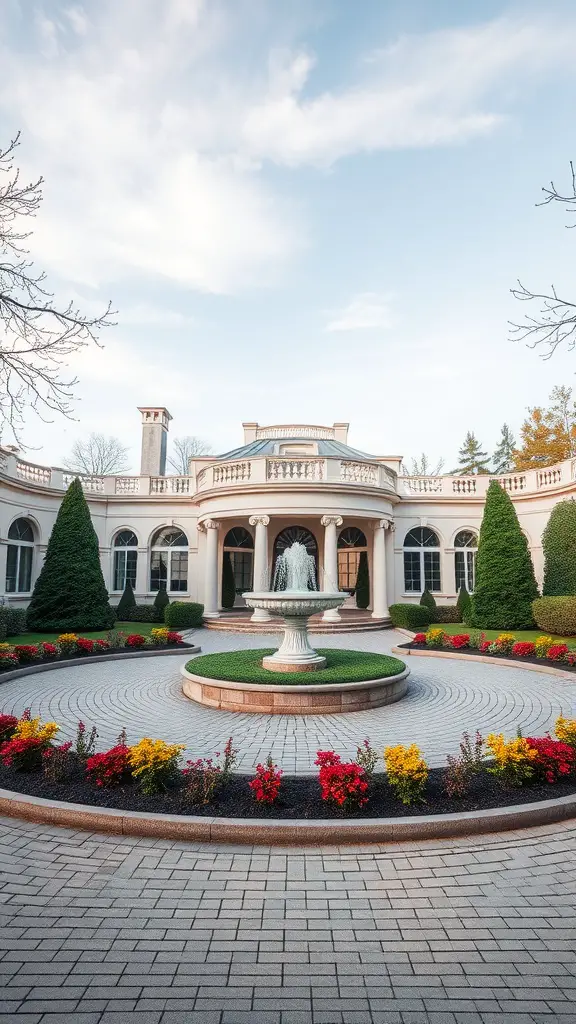 19 Creative Driveway Ideas to Enhance Your Curb Appeal 18 A classic circular driveway with a fountain and colorful flower beds.