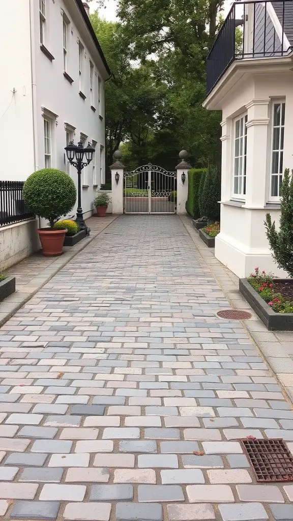 A charming cobblestone driveway flanked by plants and elegant architecture.
