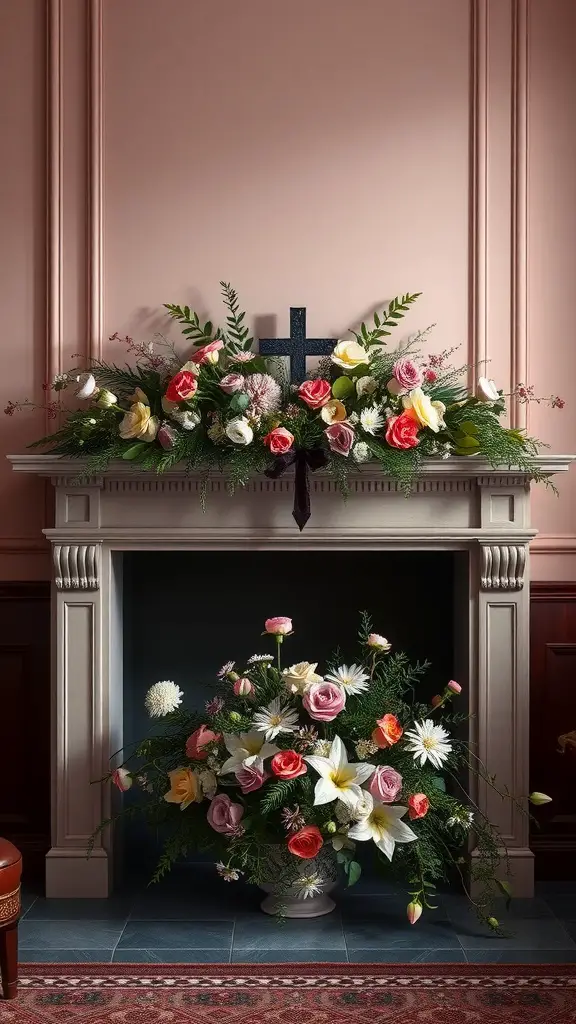 A mantel decorated with a cross and a floral arrangement featuring colorful flowers.