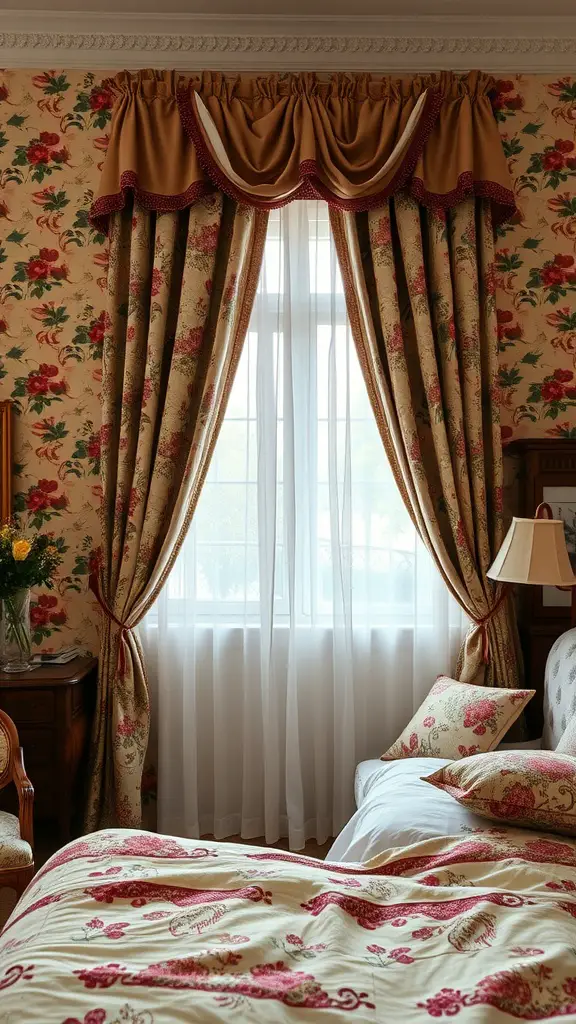 Vintage bedroom with floral curtains and drapes