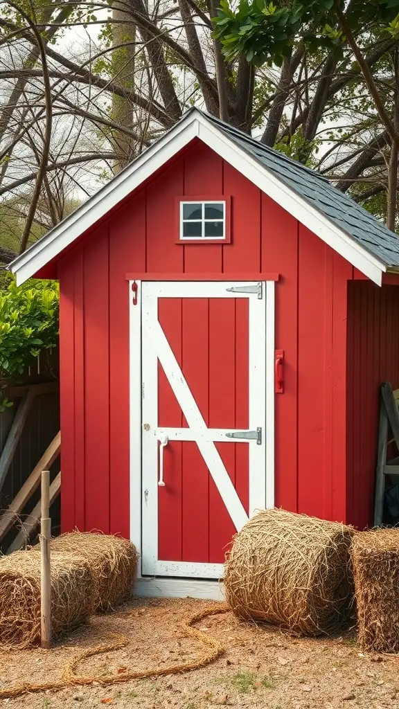 23 Stunning Garden Shed Exterior Ideas to Transform Your Backyard 4 A classic red barn-inspired garden shed with a white door and hay bales in front.
