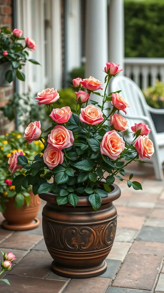 27 Stunning Potted Flowers Perfect for Your Patio 22 A potted rose plant with soft pink flowers on a patio