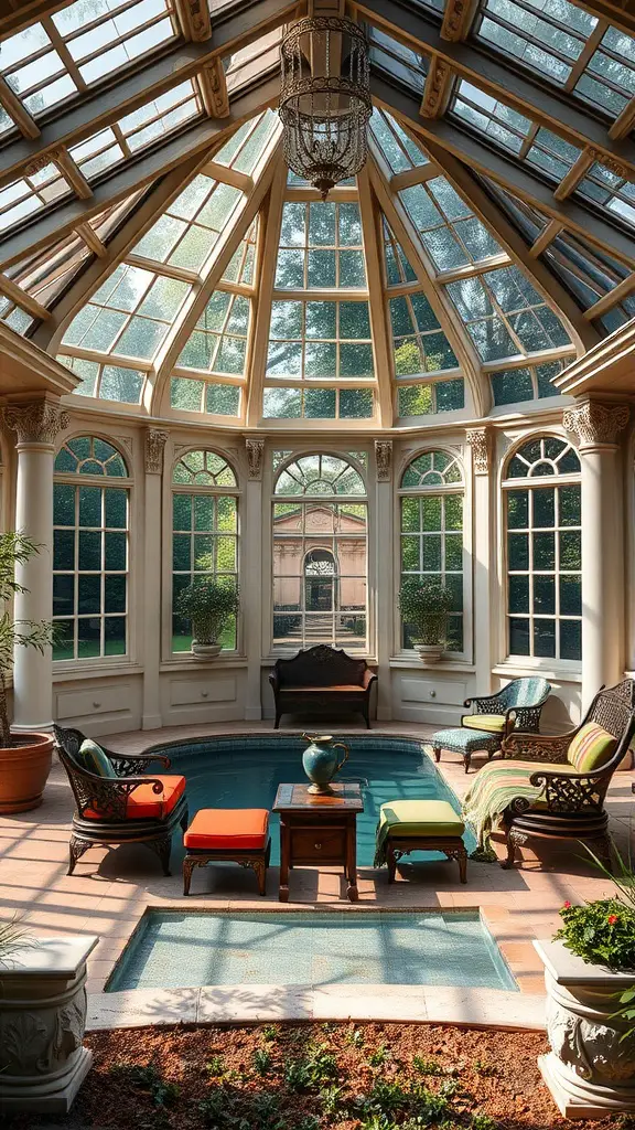 A classic Victorian-style pool pavilion with large windows, a glass roof, and elegant furniture.