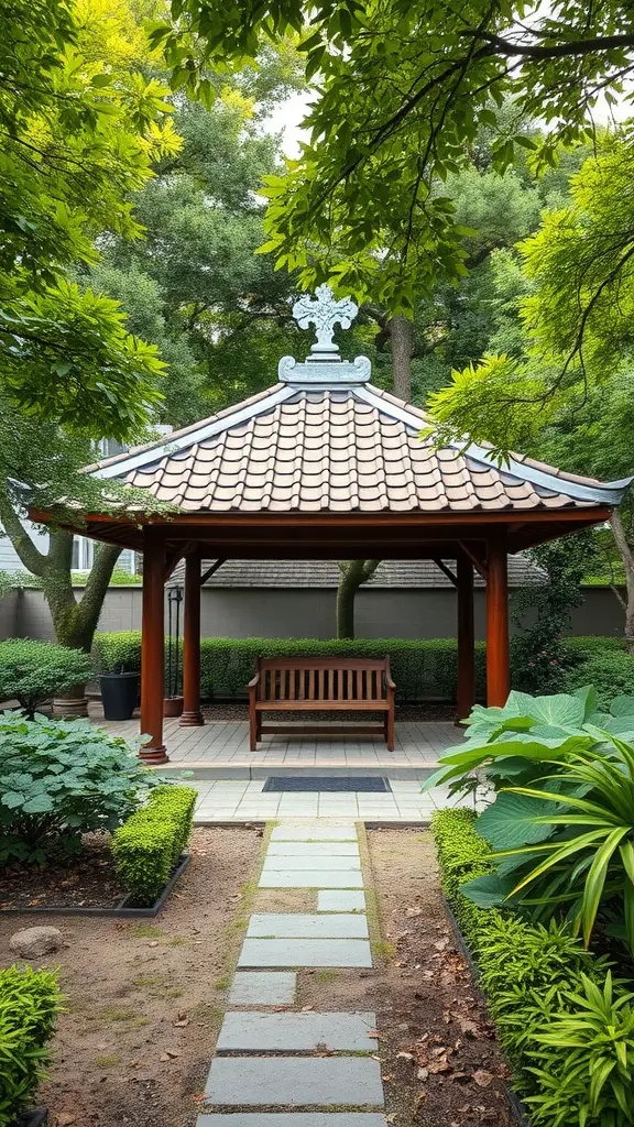 A classic wooden pavilion with a tiled roof and a bench, surrounded by lush greenery and a stone pathway.