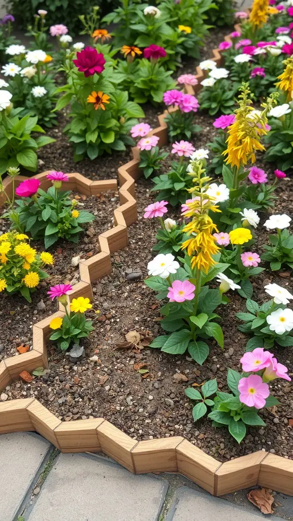 A flowerbed with a zigzag wooden edging surrounded by colorful flowers.