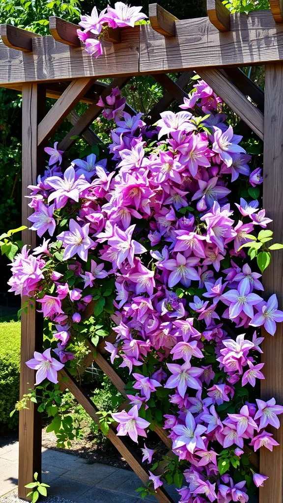 21 Stunning Clematis Trellis Ideas for Your Garden 4 A classic wooden trellis covered with vibrant pink clematis flowers.