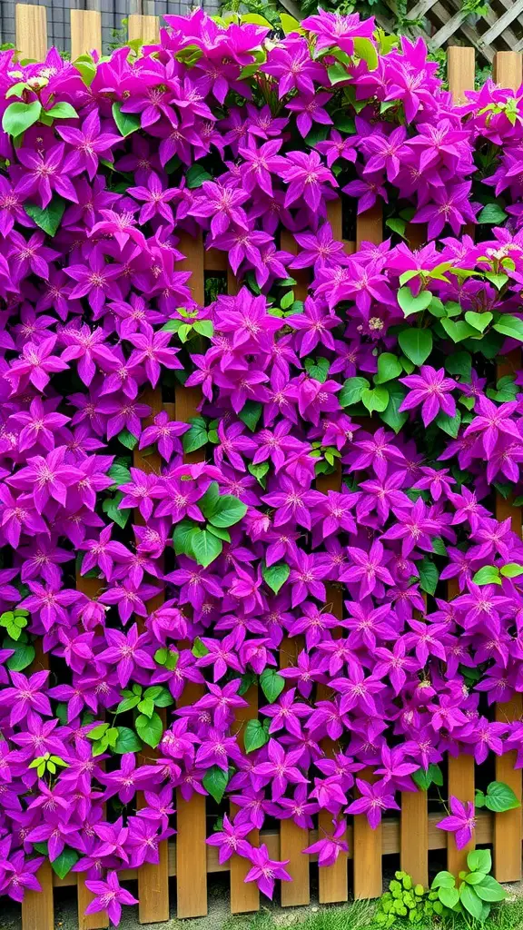 21 Stunning Clematis Trellis Ideas for Your Garden 19 A fence covered with vibrant purple clematis flowers.