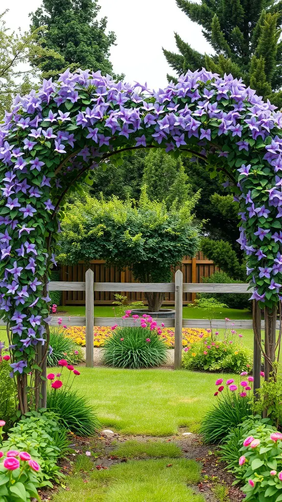 21 Stunning Clematis Trellis Ideas for Your Garden 2 A beautiful garden arbor covered in purple clematis flowers with a vibrant flower bed in the foreground.