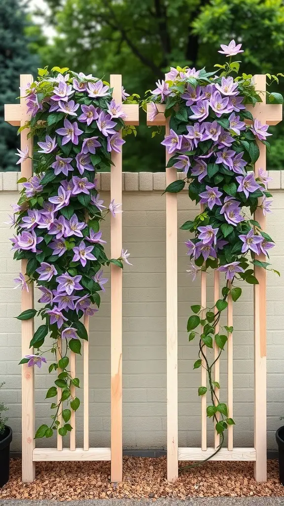 21 Stunning Clematis Trellis Ideas for Your Garden 20 A pair of wooden trellises covered with blooming purple clematis flowers.