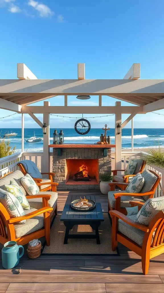 Coastal beachfront pavilion with fireplace, wooden chairs, coffee table, and ocean view