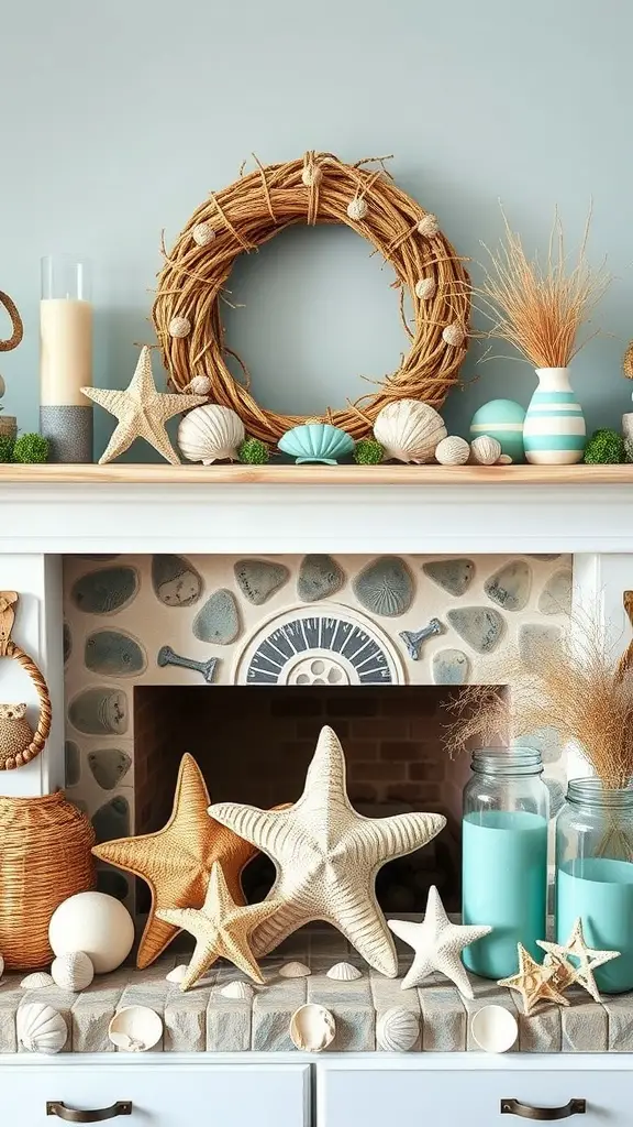 Coastal-themed mantel with seashells, starfish, and a natural wreath, showcasing summer decor.