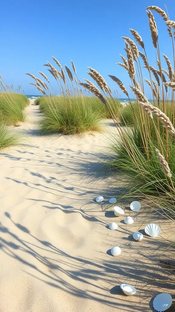 Path through tall grass and sandy area with scattered seashells, leading to the ocean.