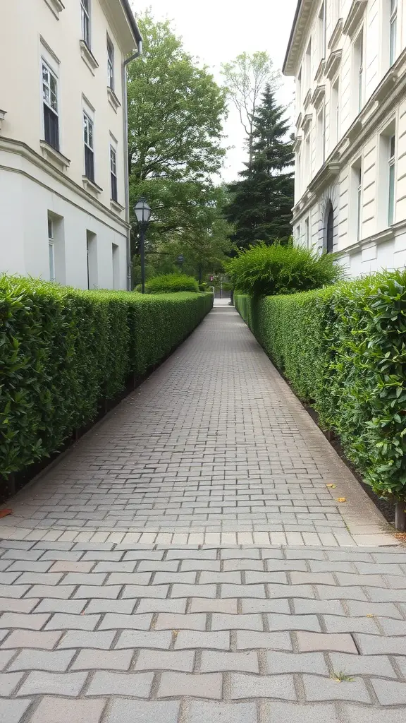 31 Creative Garden Walkway Ideas for Your Outdoor Space 6 A picturesque cobbled stone walkway lined with neatly trimmed hedges on either side.