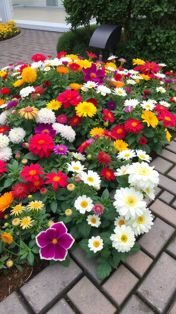 A flowerbed with vibrant flowers bordered by cobblestone edging.