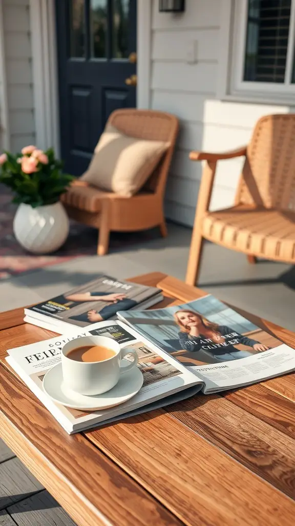 A cozy front porch with a wooden coffee table, a cup of coffee, and open magazines surrounded by comfortable seating.