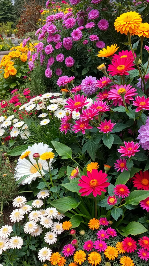 A vibrant garden filled with colorful flowers including pinks, yellows, and whites, showcasing a variety of blooms like daisies, zinnias, and roses.