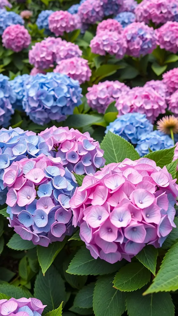 A garden filled with hydrangeas in shades of blue and pink, showcasing a beautiful color gradation.