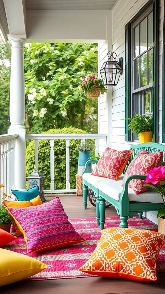 A cozy front porch featuring colorful accent pillows in various shapes and sizes, brightening the space.