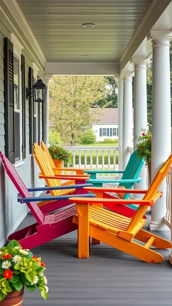 27 Cozy Front Porch Ideas for a Welcoming Home 11 Colorful Adirondack chairs in bright shades on a cozy front porch with flowers.