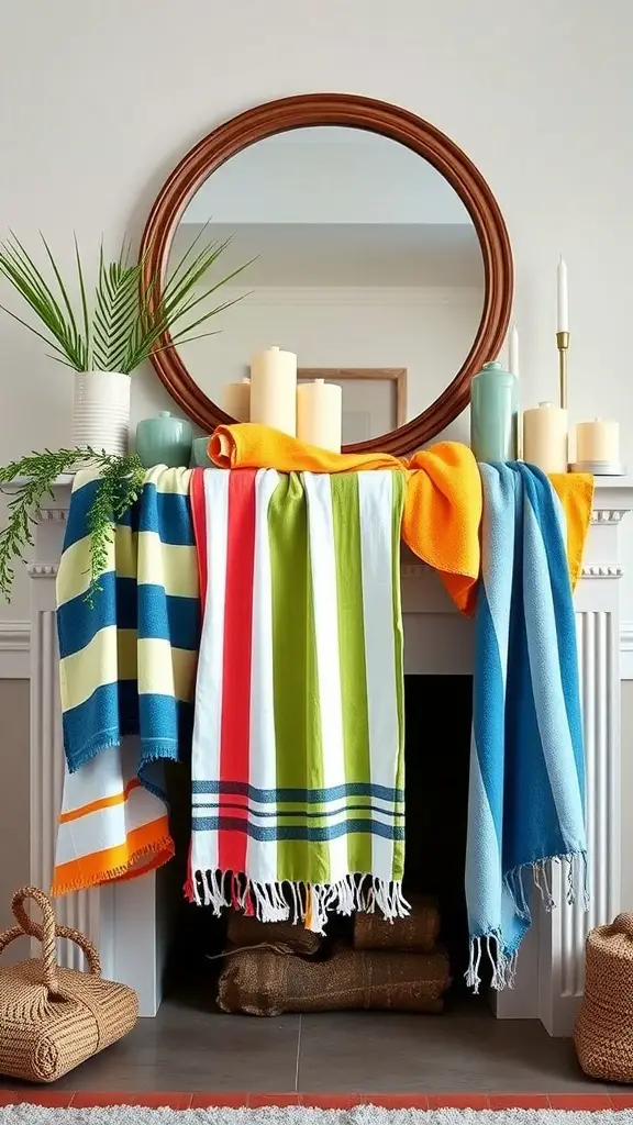 A summer mantel decorated with colorful beach towels draped over a white mantel, with candles and greenery, creating a vibrant and cheerful atmosphere.