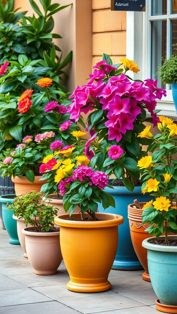 A vibrant display of colorful clay pots with blooming flowers in various shades