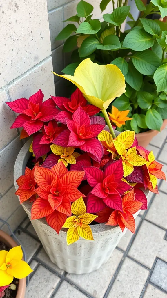 25 Beautiful Flowers Perfect for Container Gardening 23 Colorful coleus plants with red, orange, and yellow foliage in a container
