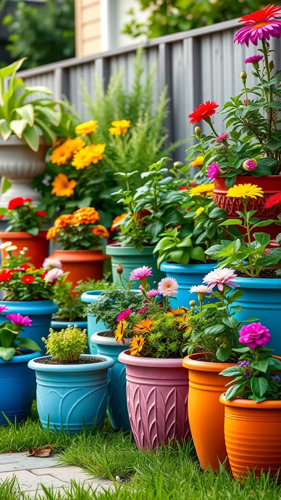 A vibrant arrangement of flower pots in different colors filled with blooming flowers and greenery.