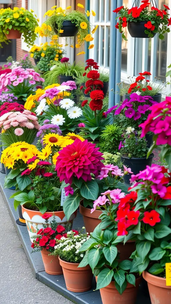 27 Absolutely Stunning Secret Garden Ideas to Inspire Your Space 13 A vibrant display of colorful container gardens filled with various flowers in pots and hanging baskets.