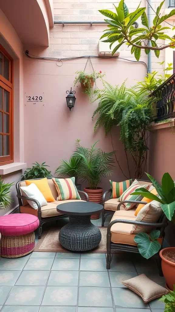 25 Creative Small Patio Ideas for Your Outdoor Space 16 A cozy small patio with colorful cushions on chairs and a pink ottoman, surrounded by plants.