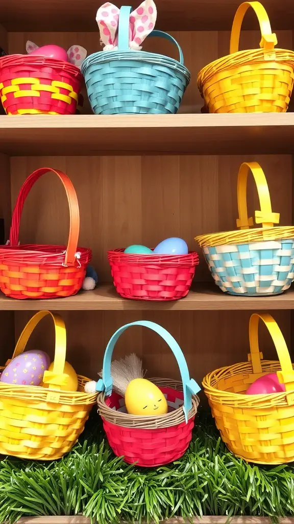 Colorful Easter baskets with decorative eggs arranged on a shelf.