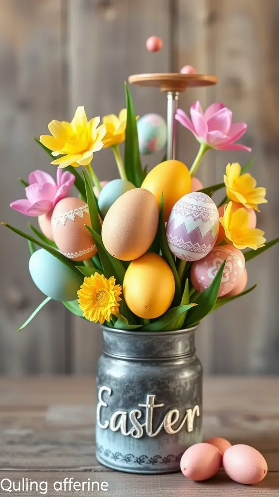 A colorful bouquet featuring decorated eggs and flowers in an Easter-themed jar.