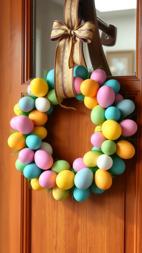 Colorful Easter wreath made with plastic eggs and a ribbon, hanging on a wooden door.