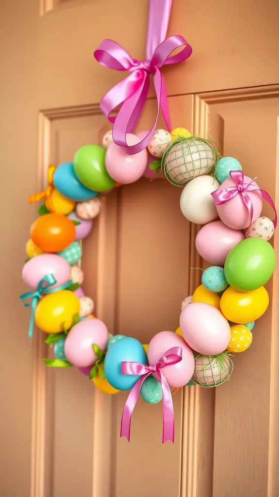 Colorful wreath made of plastic Easter eggs and ribbons.