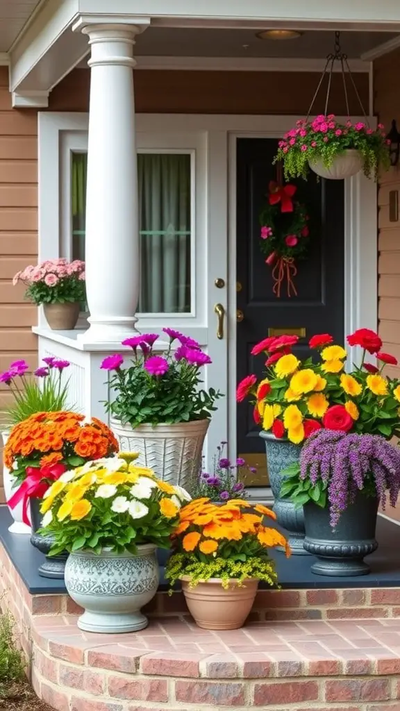 21 Creative Outdoor Front Porch Ideas for a Cozy Welcome 8 Colorful flower arrangements on a porch with various pots of flowers